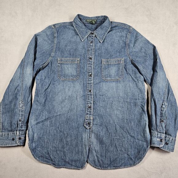 Lauren Jeans Co Shirt Women Large Denim Button Down Top Western Prairie Roll Tab - Picture 2 of 16